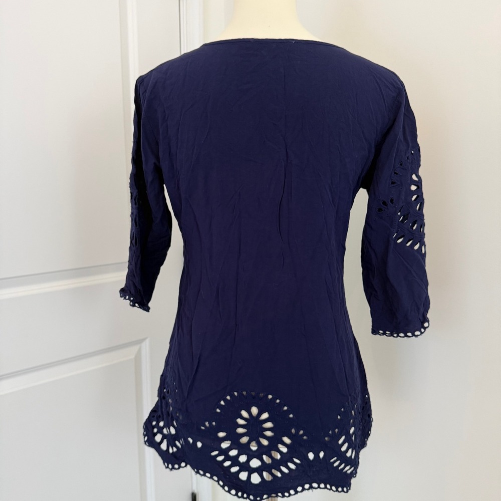 Solitaire Swim Navy Blue Eyelet Lace 3/4 Sleeve Tunic Top Women M Resortwear - Picture 4 of 11